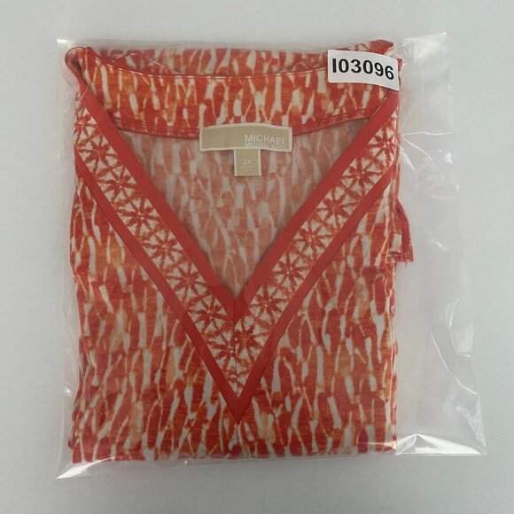 Michael Kors Blouse Size 2X Orange Patterned V Neck Stretch Long Sleeve - Picture 11 of 11